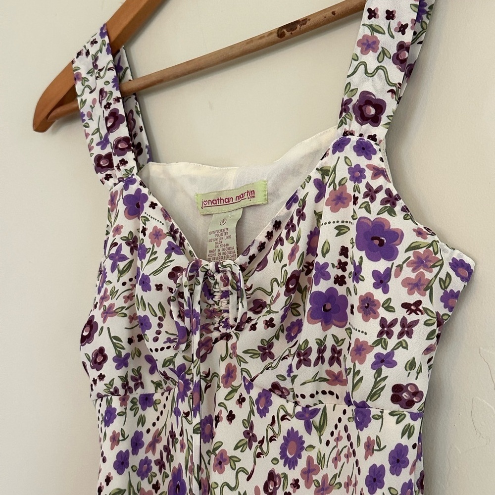 Y2K Vintage Purple Floral Ruffle Dress Ruched Cottagecore Coquette Sundress XS–S - Picture 8 of 9